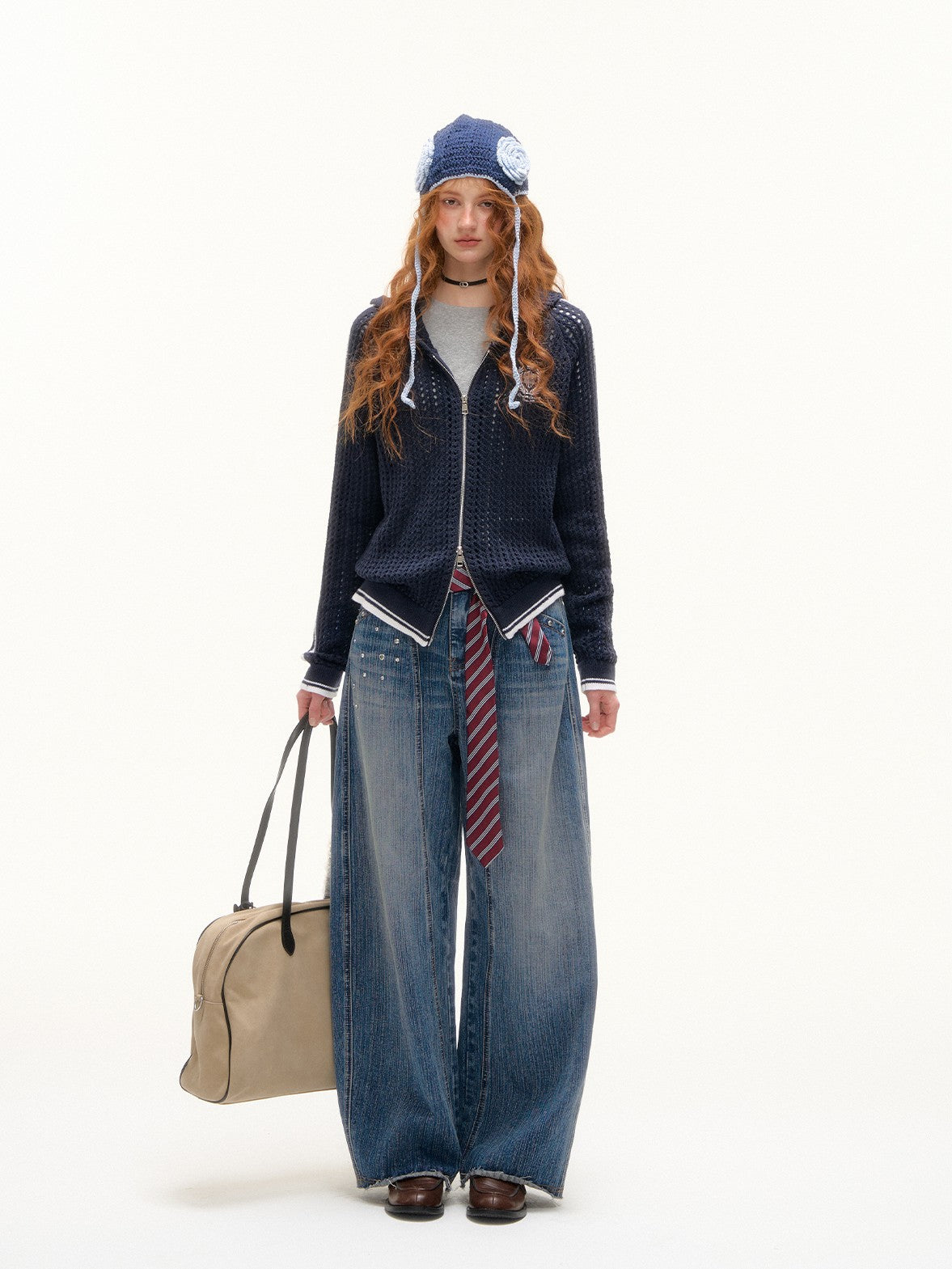 ASGONY - Y2K Studded Curved-Cut Wide Leg Jeans