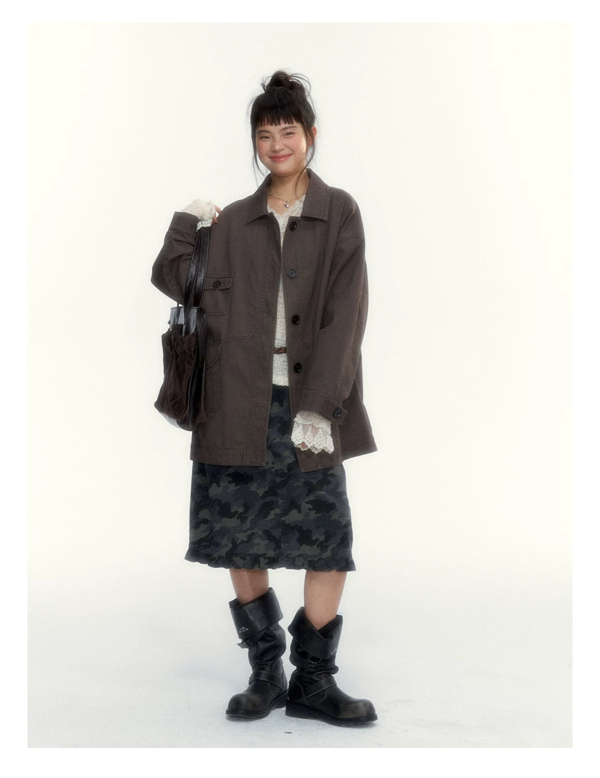 Dark Coffee Brown Washed Cotton Utility Jacket