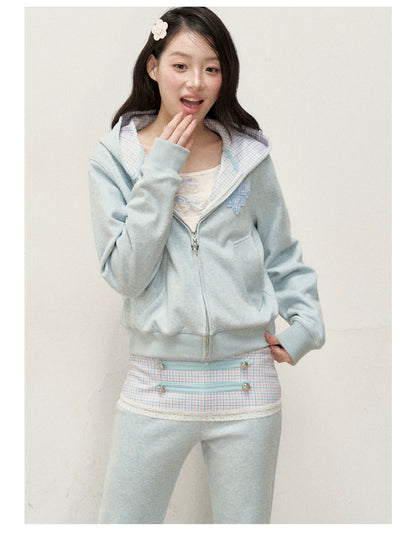 [RF] Soft Gingham Color-Block Hoodie and Flare Pants Set (Blue / Mauve)
