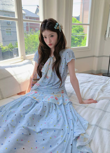 “Sea Salt Blossom Letter” Baby Blue Layered Skirt Set
