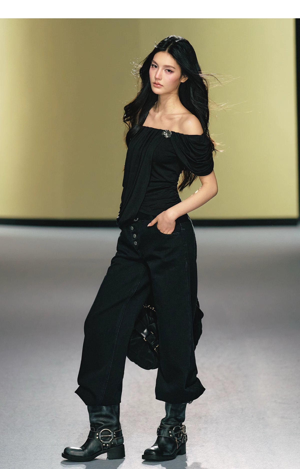 "Midnight Bloom" Black Lyocell Off-Shoulder Ruched Top