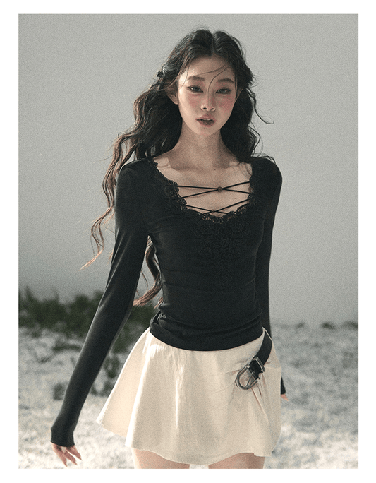 “Lace Summer Haven” Midnight Black Lace V-Neck Top