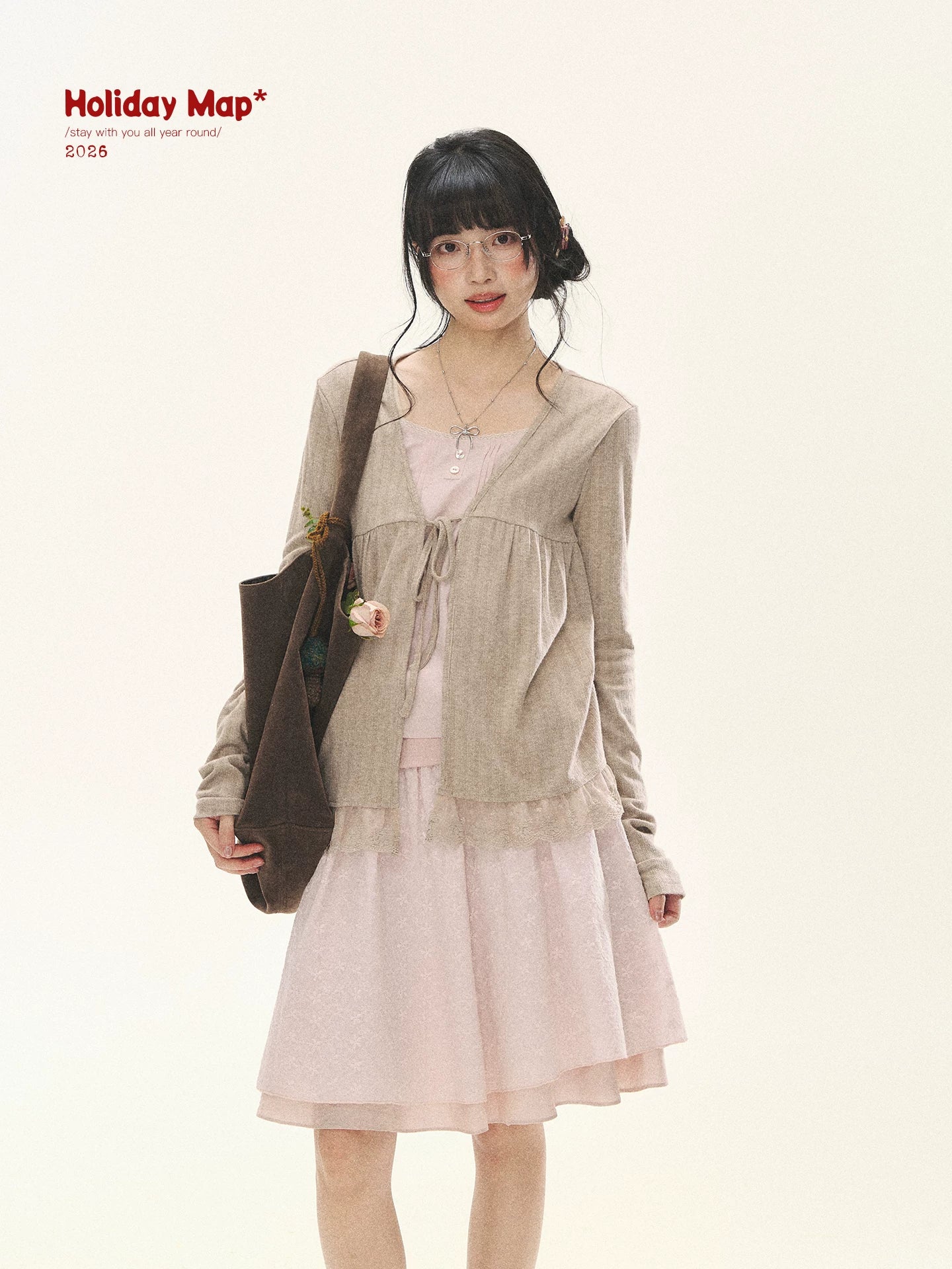 "Roasted Tea Heart" Milk Tea Faux-Layer Lace Cardigan & Skirt Set