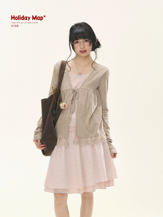 "Roasted Tea Heart" Milk Tea Faux-Layer Lace Cardigan & Skirt Set