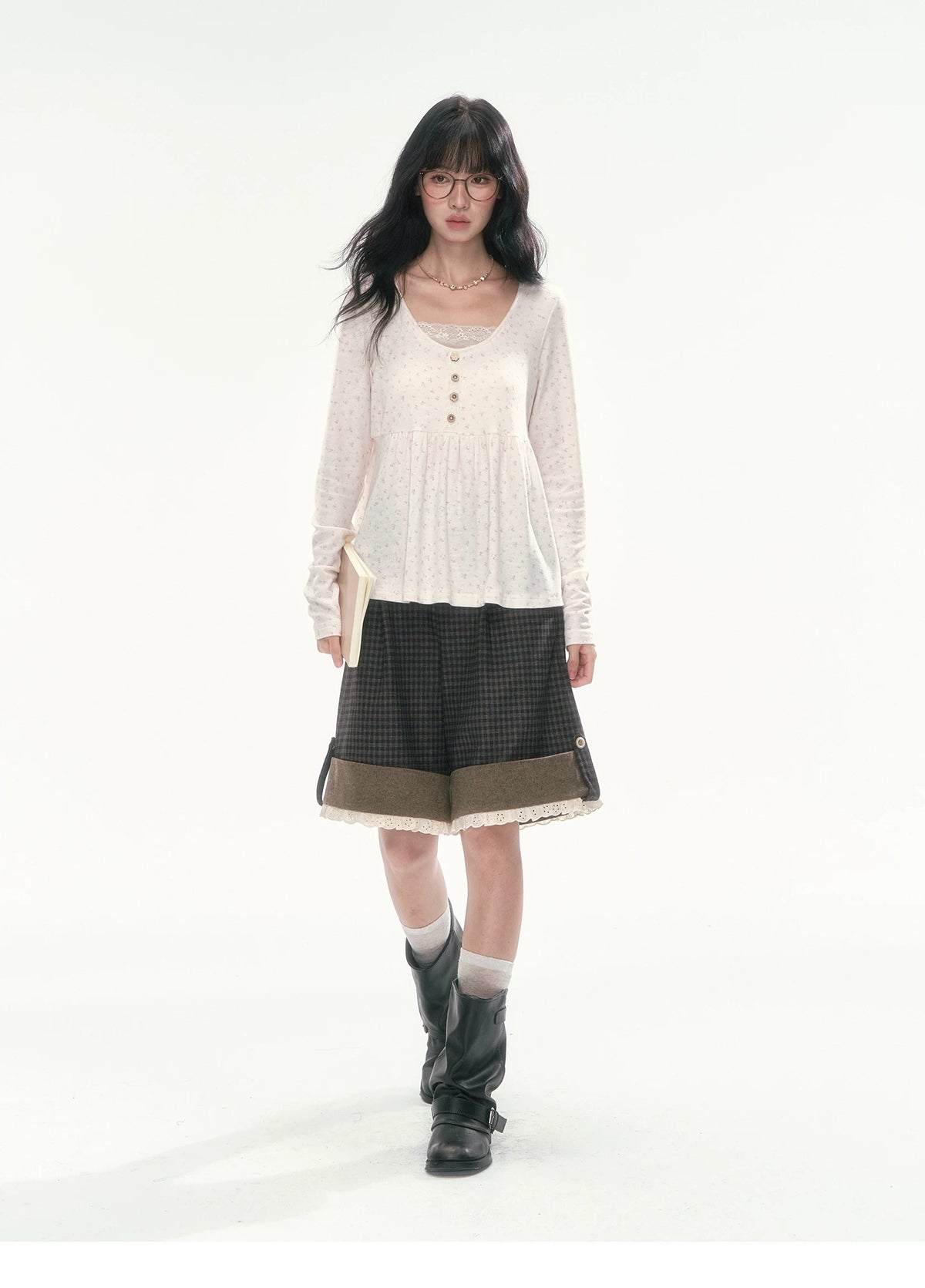 CAN - "A Meadow of Dreams" Apricot Beige Floral Lace-Trim Ruched Top