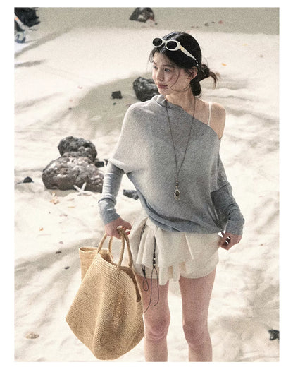 "Misty Veil Whisper" Cloud Trail Gray Off-Shoulder Sheer Sun Protection Top 5345634