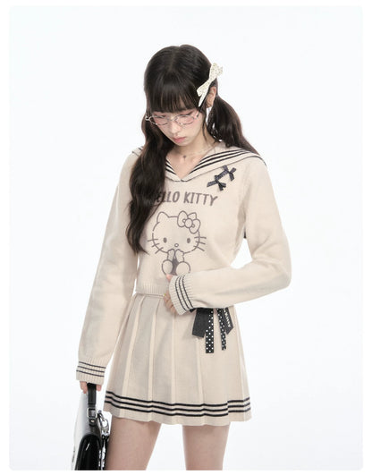 170726K "Kitty Harbor" Oat Beige Sailor Knit Set (Sailor Collar Knit Sweater + Pleated Knit Skirt)