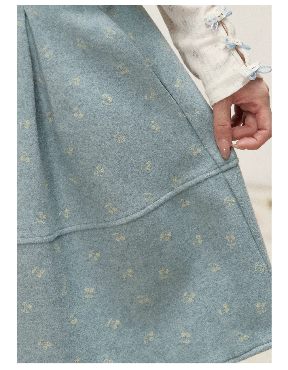 [RF] Frost Mist Blue Floral Jacquard A-Line Midi Skirt with Plaid Waistband