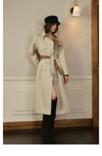 oshea - Moonlight Gray Double-Breasted Belted Long Trench Coat