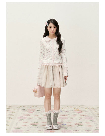 [RF] Waffle Texture Peter Pan Collar Floral Cardigan in Soft Pink