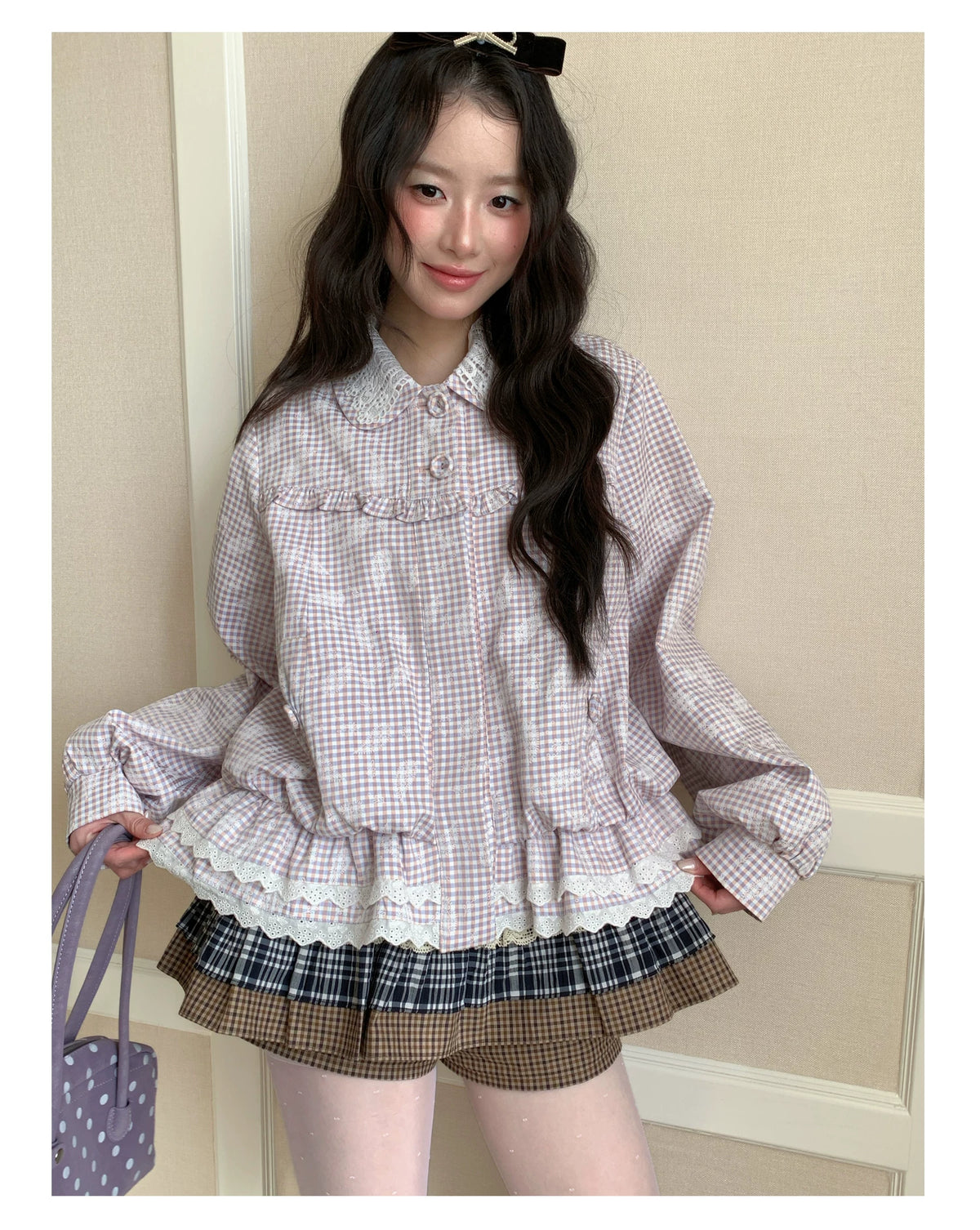 [RF] “Cream Garden Reverie” Light Purple Plaid Ruffle Lace-Trim Jacket