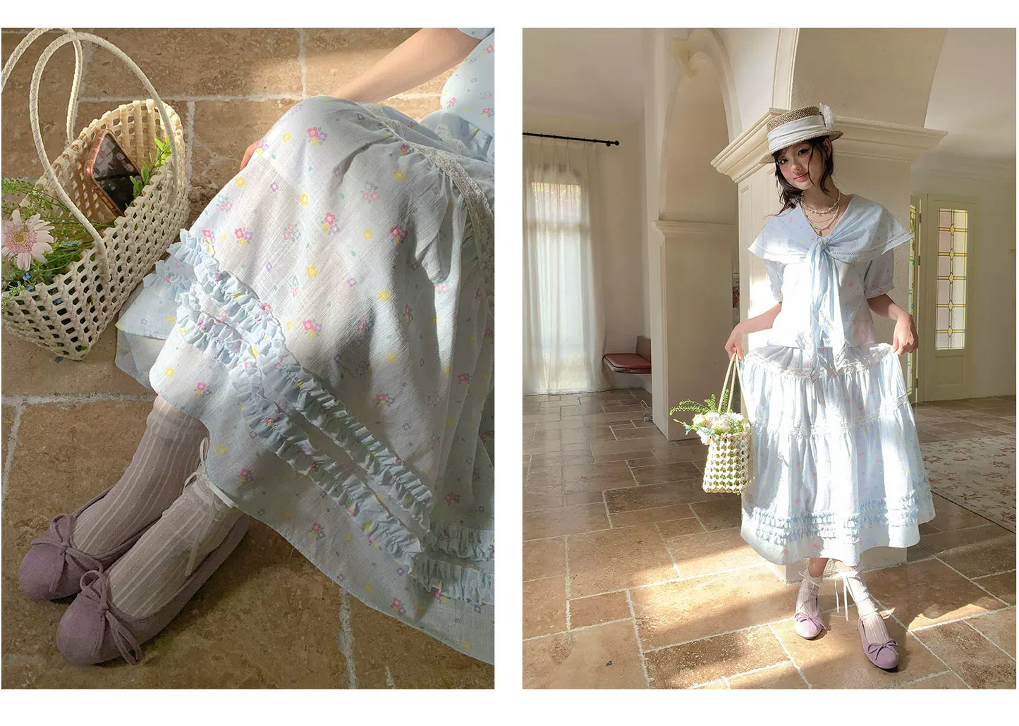 “Blue Blossom Chronicle” Ice Blue Floral Skirt Set