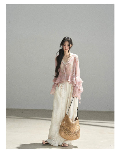 "A Love Letter to Sunlight" Dutch Cream Lace Wide-Leg Pants (With Matching Waist Rope)