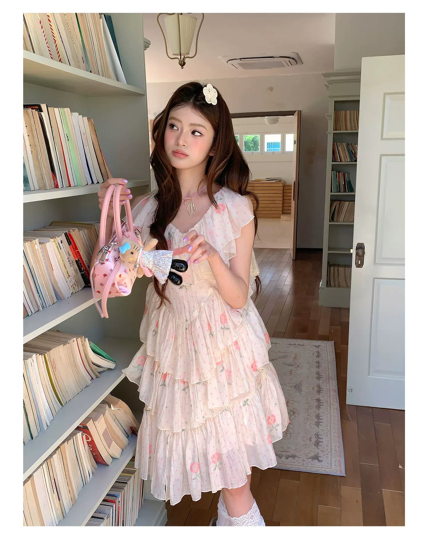 “Cloud Ruffle Reverie” Cream Apricot Floral Ruffle Dress