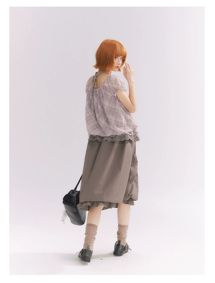 “Sweet & Cool Girl” Taupe Bow Drawstring High-Waist A-Line Cargo Skirt