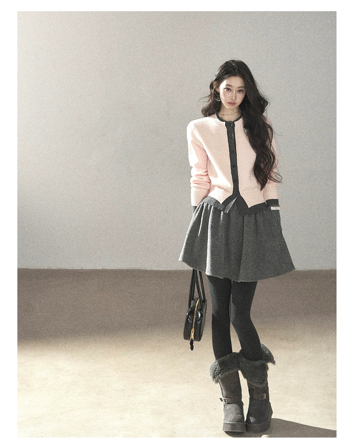 AOMALM - Cinnamon Pink Faux Layered Cropped Cardigan Sweater