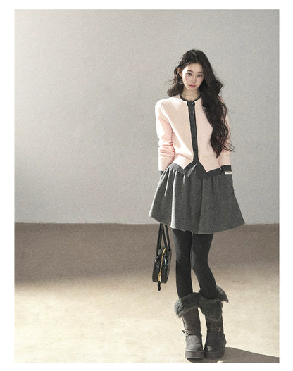 AOMALM - Cinnamon Pink Faux Layered Cropped Cardigan Sweater