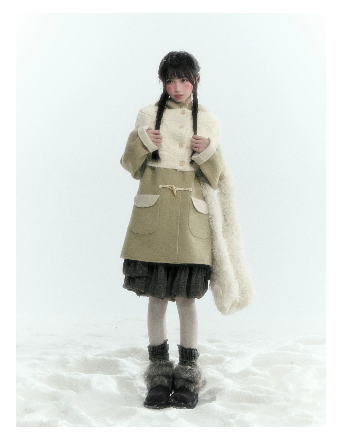 Horridale - Moss Green and Cream Reversible Hooded Wool Coat