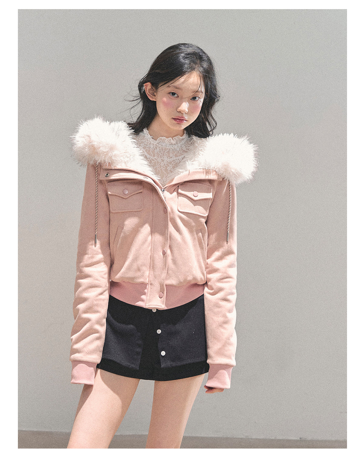 少也眼 “Snowvel Embrace” Hooded Sherpa Jacket - Cinnamon Pink 874351