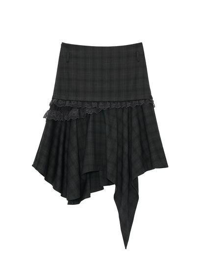Grey Plaid Asymmetrical Lace Midi Skirt