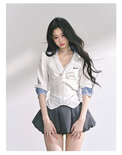 少也眼 "Siren Trainee" French-Inspired V-Neck Summer Blouse