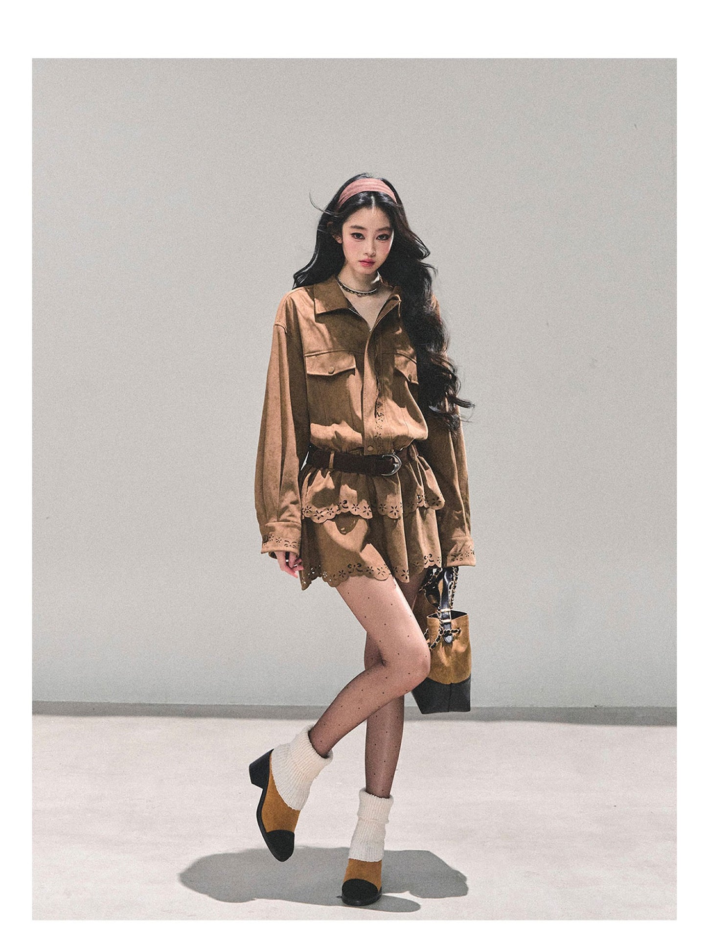 少也眼 "Rain on Wutong" – Brown Layered Dress (with Matching Belt)