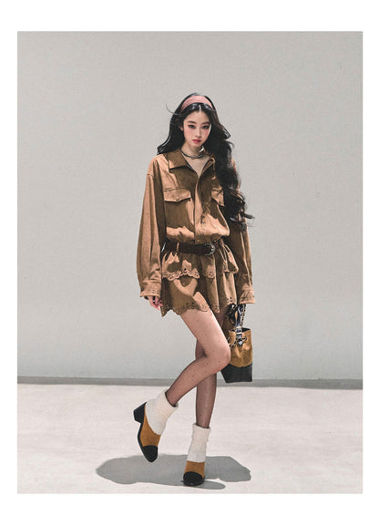 少也眼 "Rain on Wutong" – Brown Layered Dress (with Matching Belt)