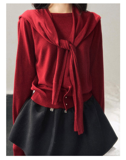 040126 "Orlane Academy" American Preppy Knit Top & Shawl Set - Angora Red