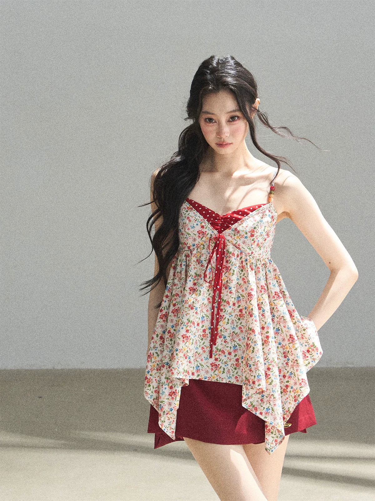 "Berry Petals" Dutch Cream Layered Floral Asymmetrical Peplum Top