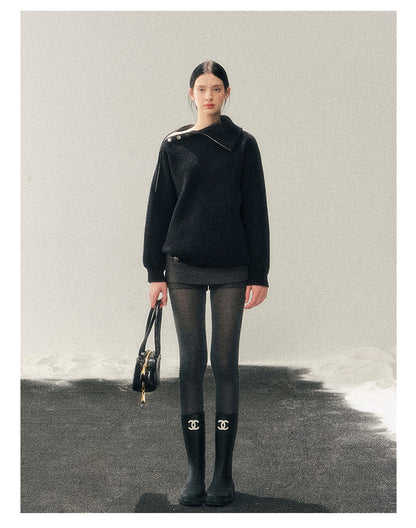 少也眼 "Dark Undertow in Zero Gravity" High-Neck Structured Knit Top