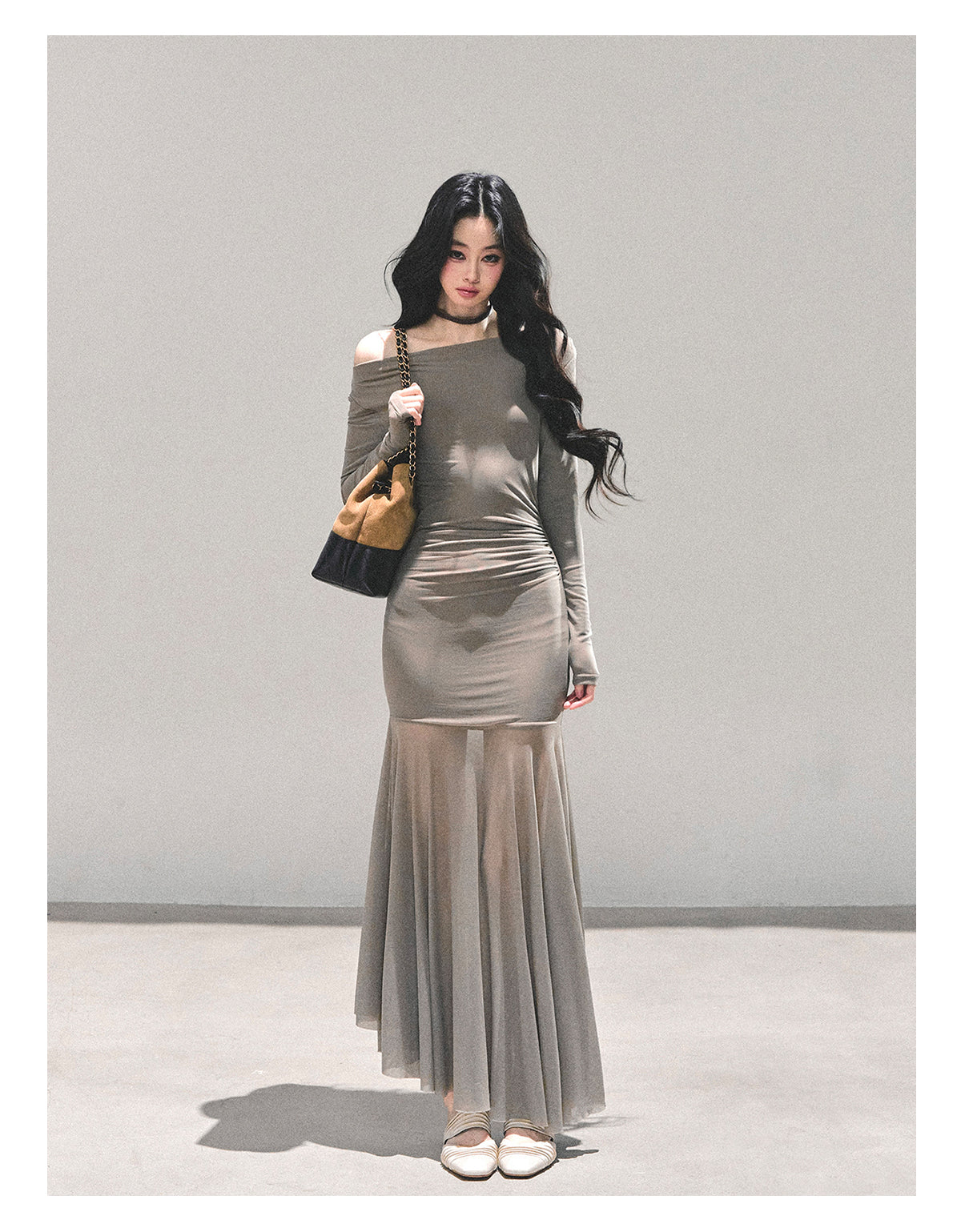 少也眼 "The Silent Heiress" Ash Camel Slim-Fit Evening Maxi Dress 76867845