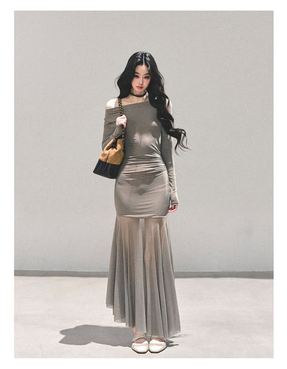 少也眼 "The Silent Heiress" Ash Camel Slim-Fit Evening Maxi Dress 76867845