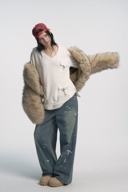 Muirgen - Y2K Mid-Low Rise Paint-Wash Loose Cargo Denim Pants - Paint-Wash Denim