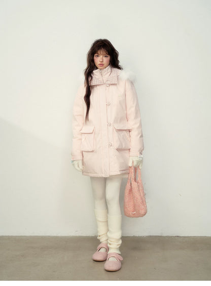 SunsetPark - Blush Pink & Plaid 90% White Duck Down Puffer Jacket (Short / Long / Navy / Glacier Blue)