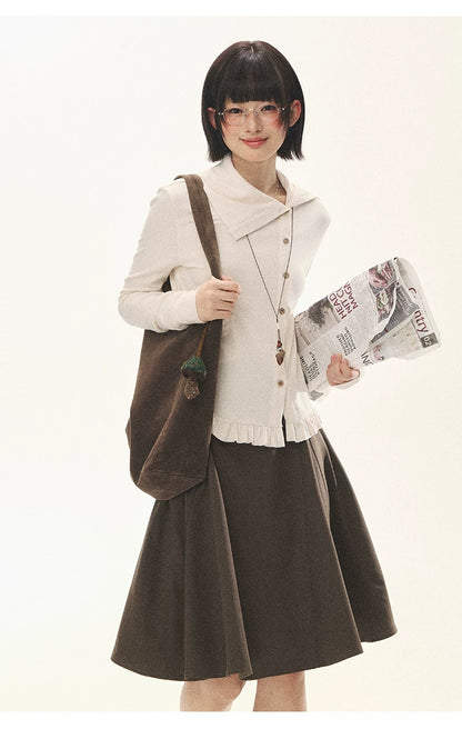 "Cotton Ruffle" Tea Apricot Asymmetric Knit Cardigan