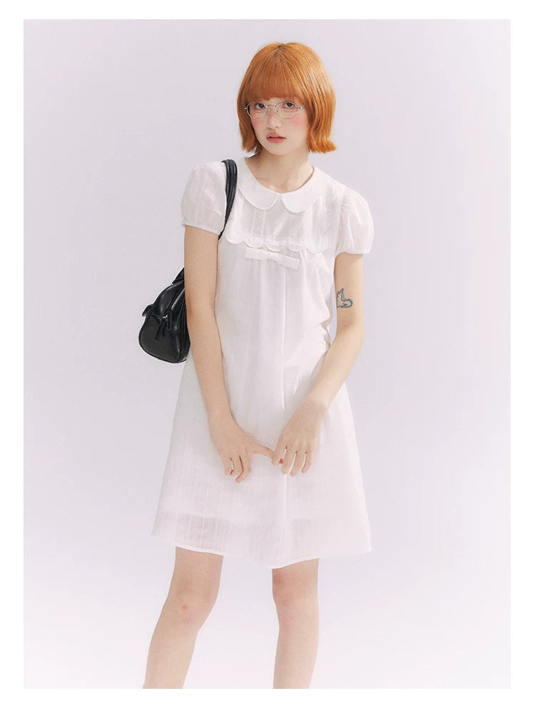 “Lace Sleep Song” White Embroidered Puff Sleeve Babydoll Dress