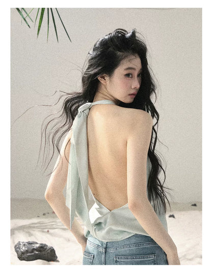 "Flowing Silk Reverie" Light Bean Green Halter Backless Top 536845