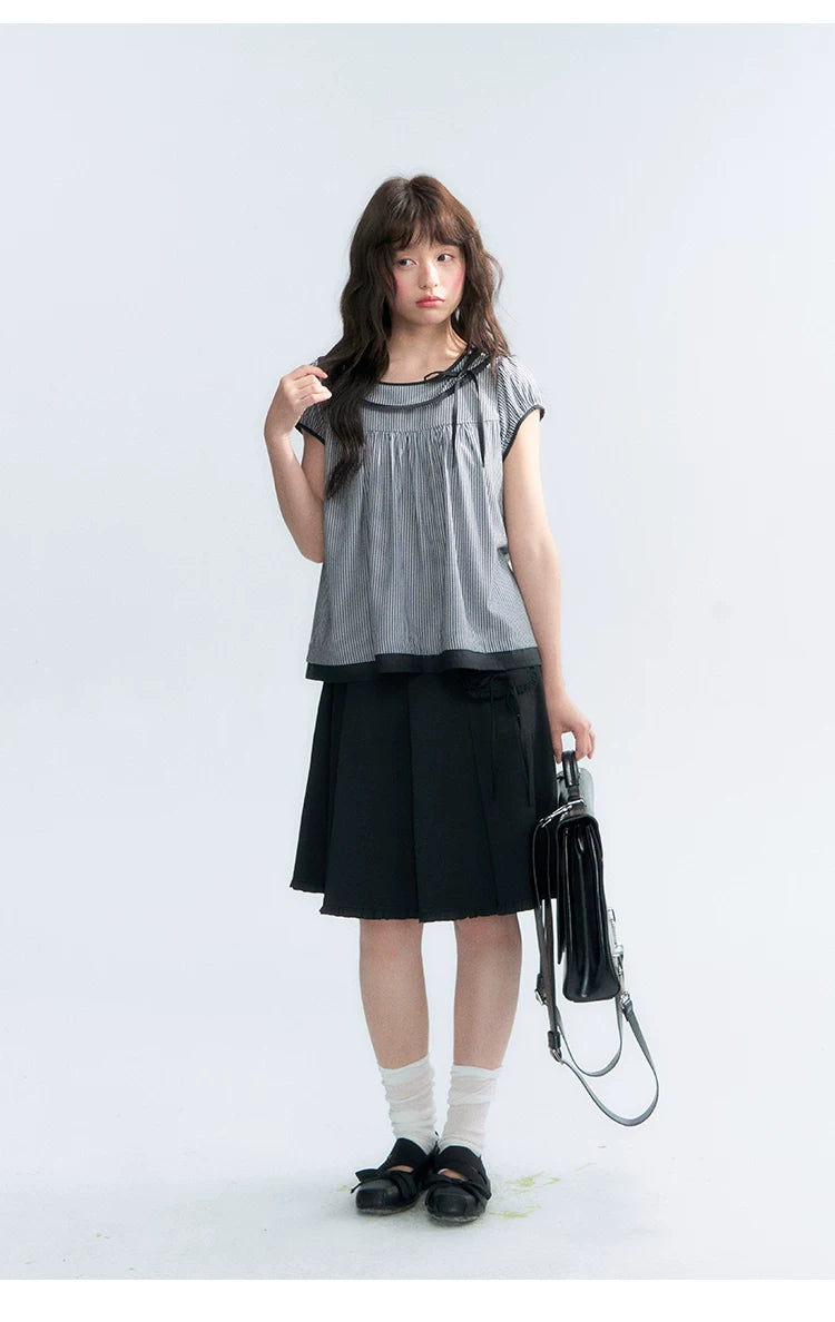 "Black Toast" Black Stripe Asymmetrical Collar Babydoll Blouse