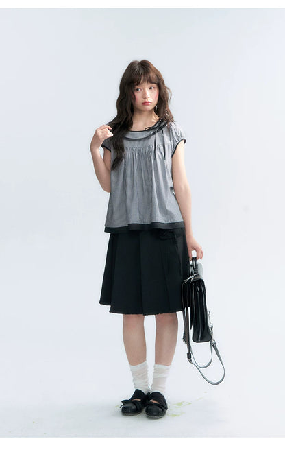 "Black Toast" Black Stripe Asymmetrical Collar Babydoll Blouse