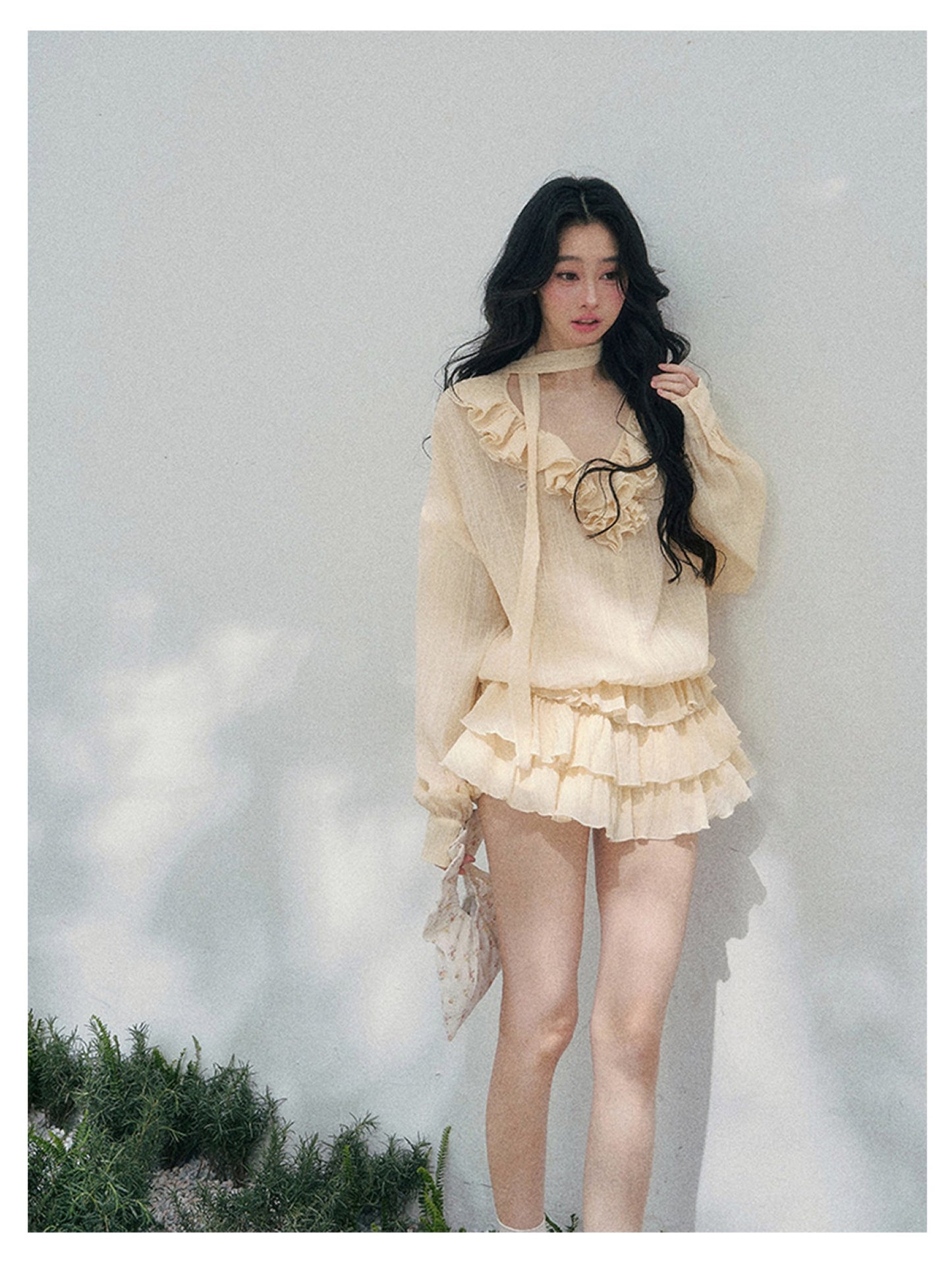 少也眼 “Evening Breeze Skirt” Milkshake Yellow Tiered Chiffon Mini Dress with Scarf Tie & Shorts 534583