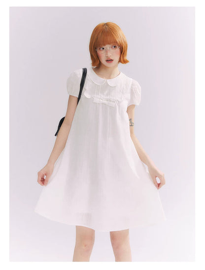 “Lace Sleep Song” White Embroidered Puff Sleeve Babydoll Dress