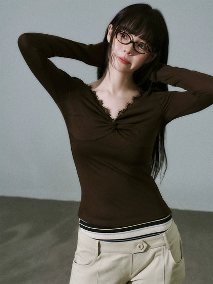 LOST FOREST - Brown Lace-Trim Twist Lyocell-Wool V-Neck Long Sleeve Top