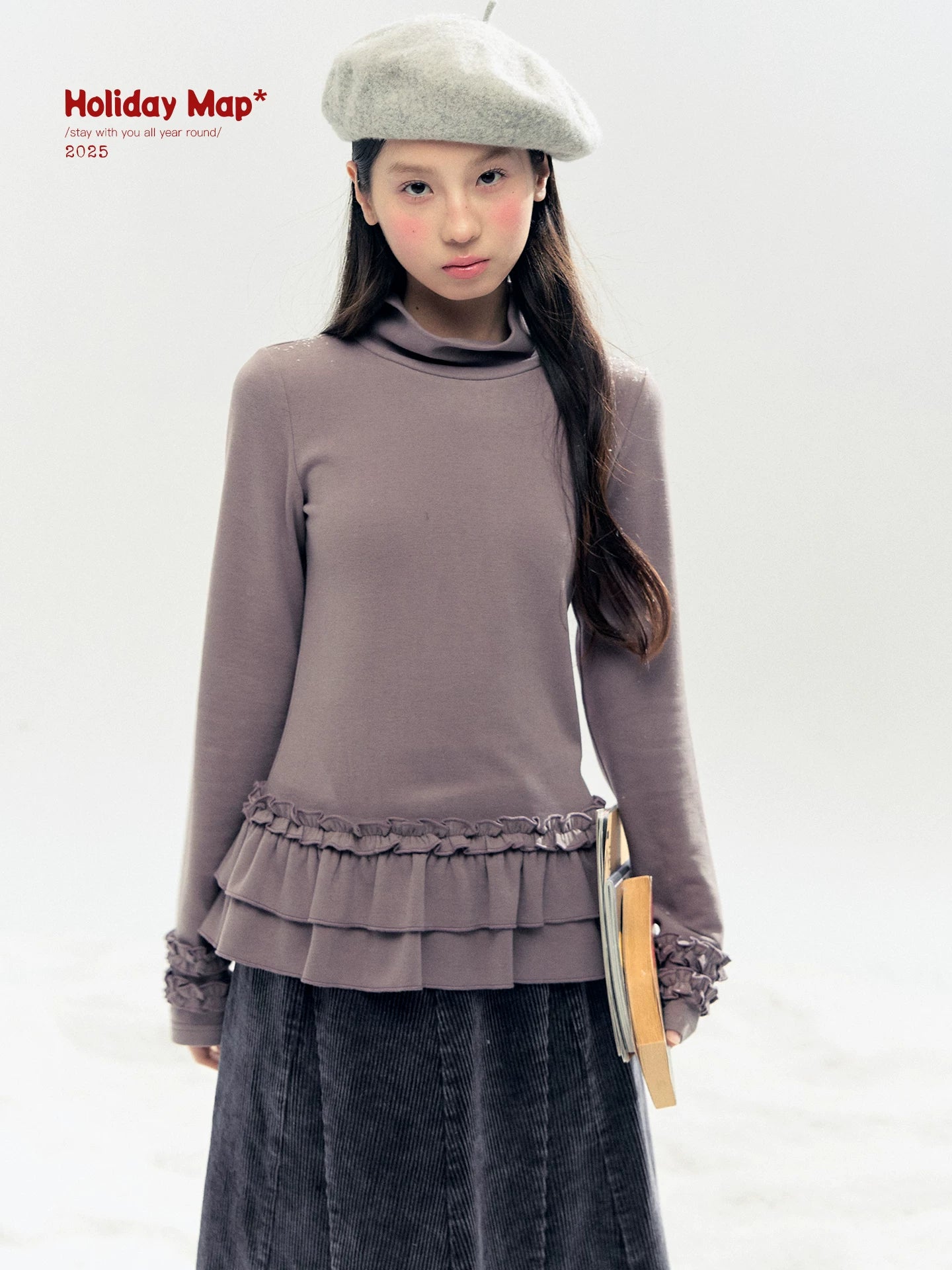 "Lavender Mist" Smoky Mauve Ruffle Ruched Turtleneck Knit Top