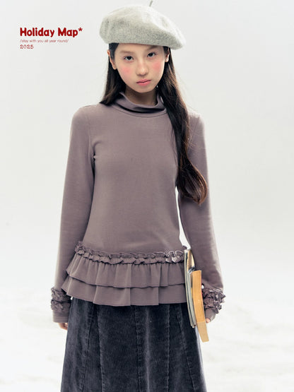 "Lavender Mist" Smoky Mauve Ruffle Ruched Turtleneck Knit Top