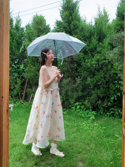 [RF] “Sunlit Wildflower Reverie” Ivory Floral Tulle Maxi Dress