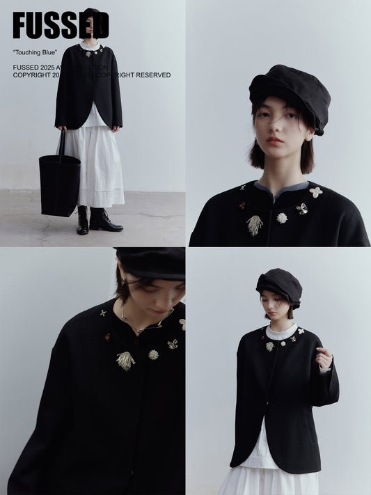 FUSSED Curious Museum Wool Tweed Jacket – Art Button Embellished in Elegant Black FOF-25SS131