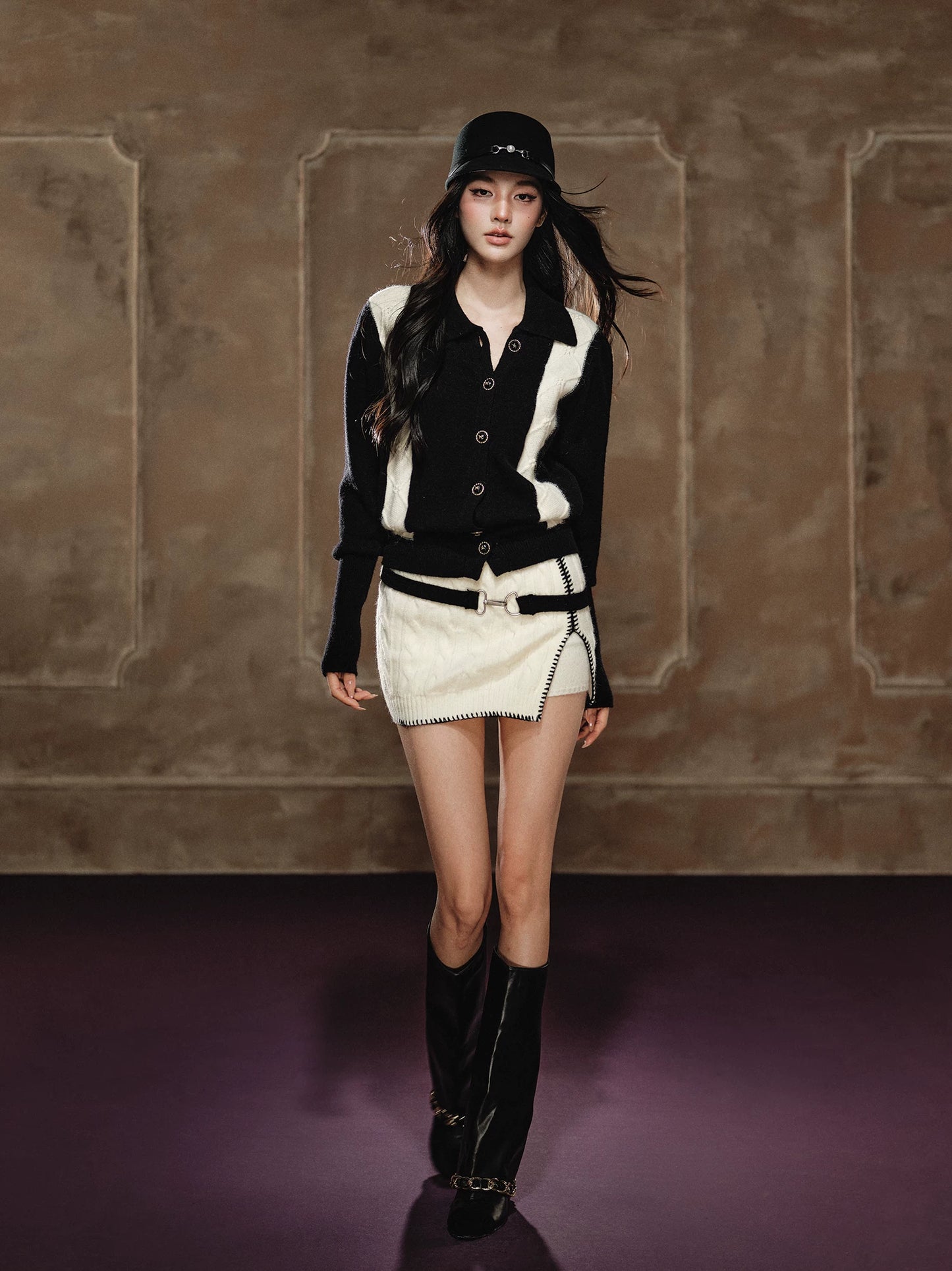 Contrast Knit Sweater & Belted Cable Knit Skort Set