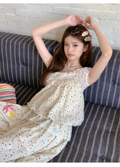 [RF] “Milk Cloud” Ivory Rainbow Polka Dot Bloom Pants Set