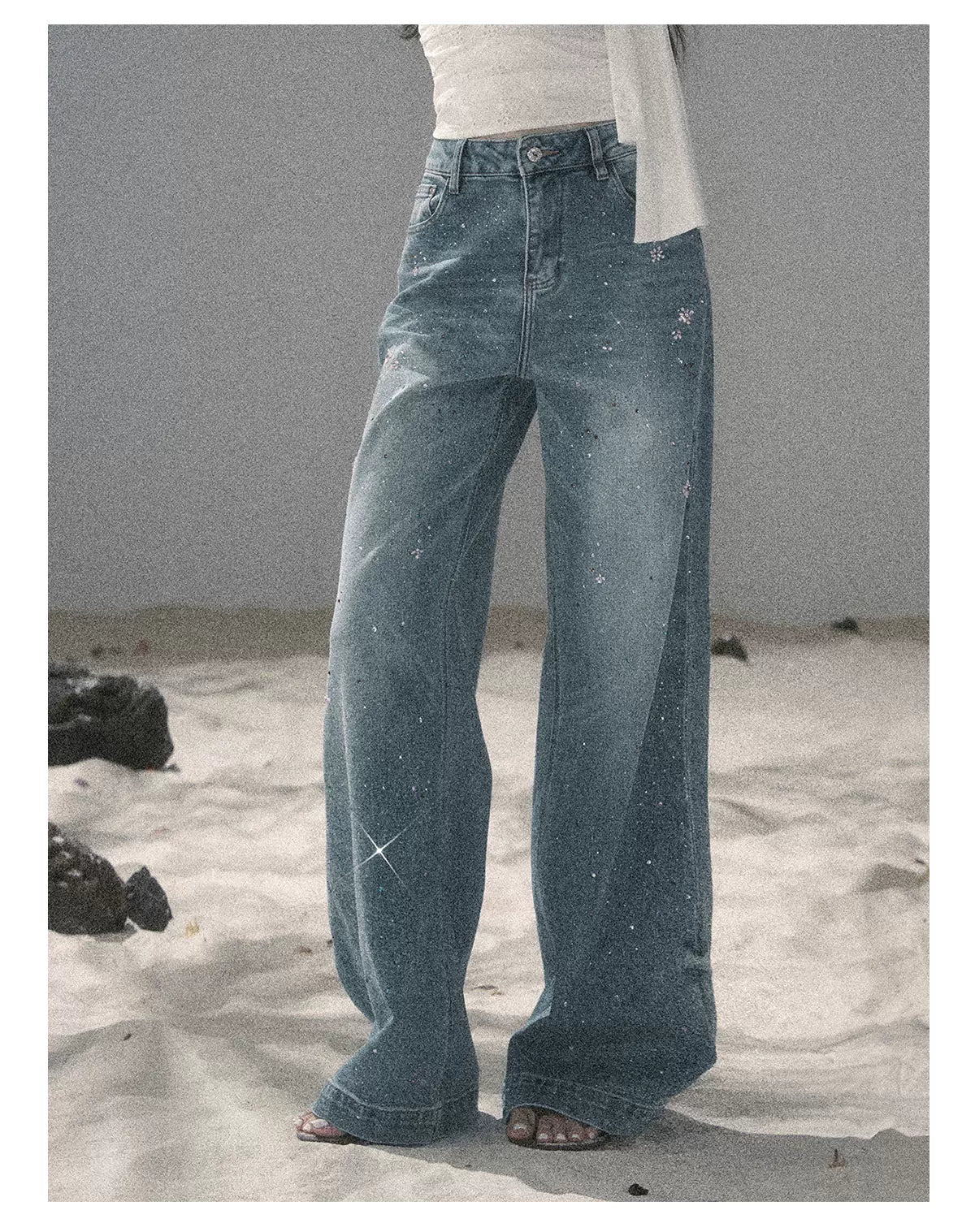 "Starlit River Shimmer" Distant Sky Blue Rhinestone Wide-Leg Jeans 65633