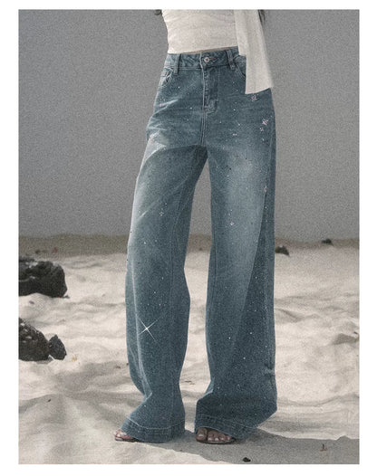 "Starlit River Shimmer" Distant Sky Blue Rhinestone Wide-Leg Jeans 65633